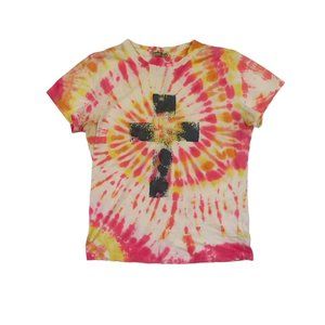 Vintage Rare Lucky Brand Jeans Tie-Dye Faded Cross Concert Baby Tee Size S